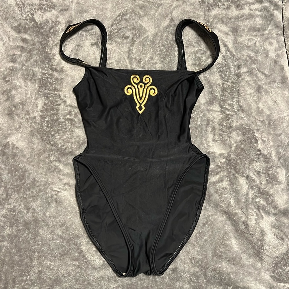 EUC Vintage La Blanca Black High Cut One Piece w/ Gold Embroidery Size 8/Small